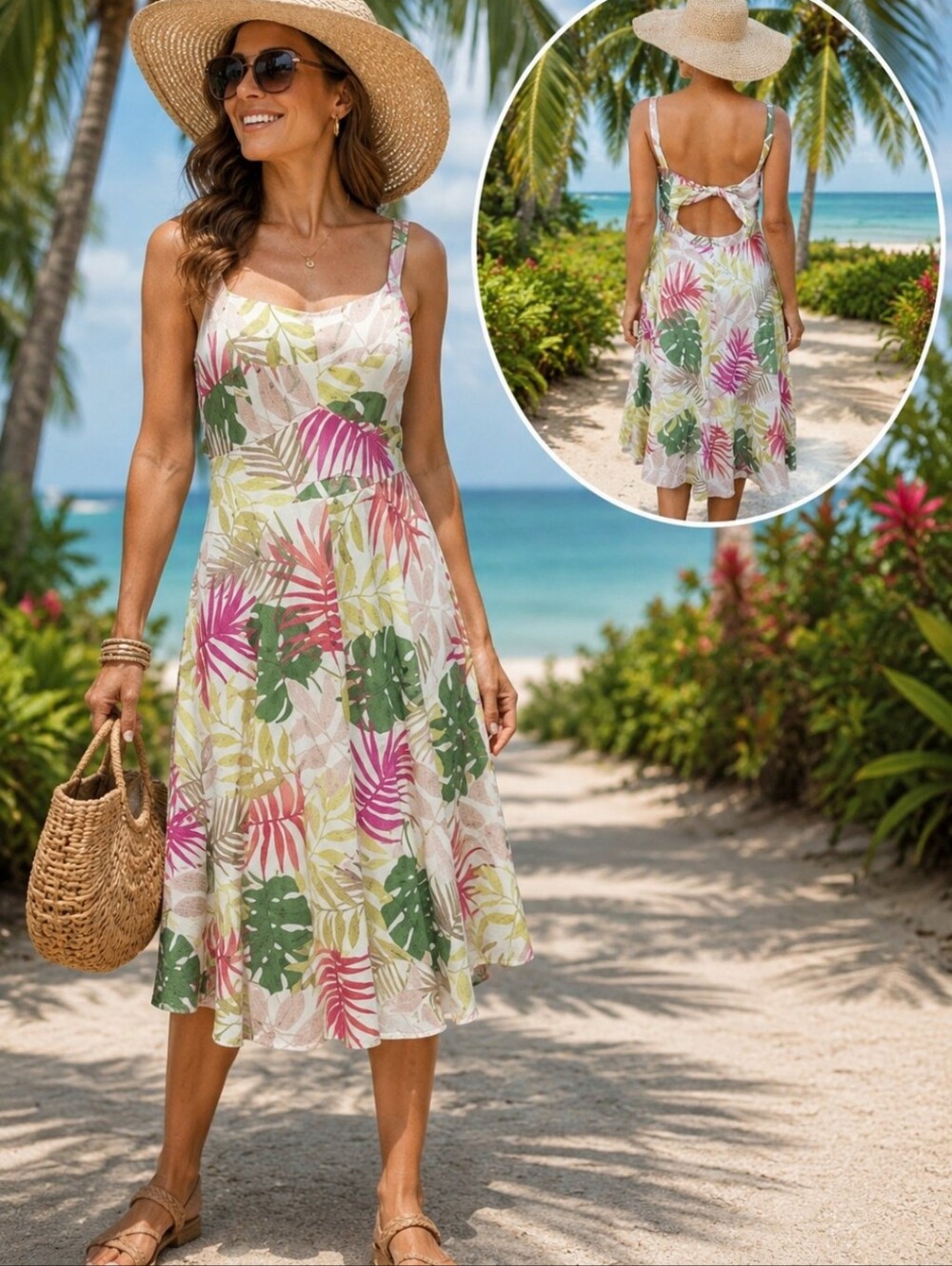 Hutch Anthropologie Dress Linen Blend Palms Tropical Cut Out Coastal Summer Sz 8